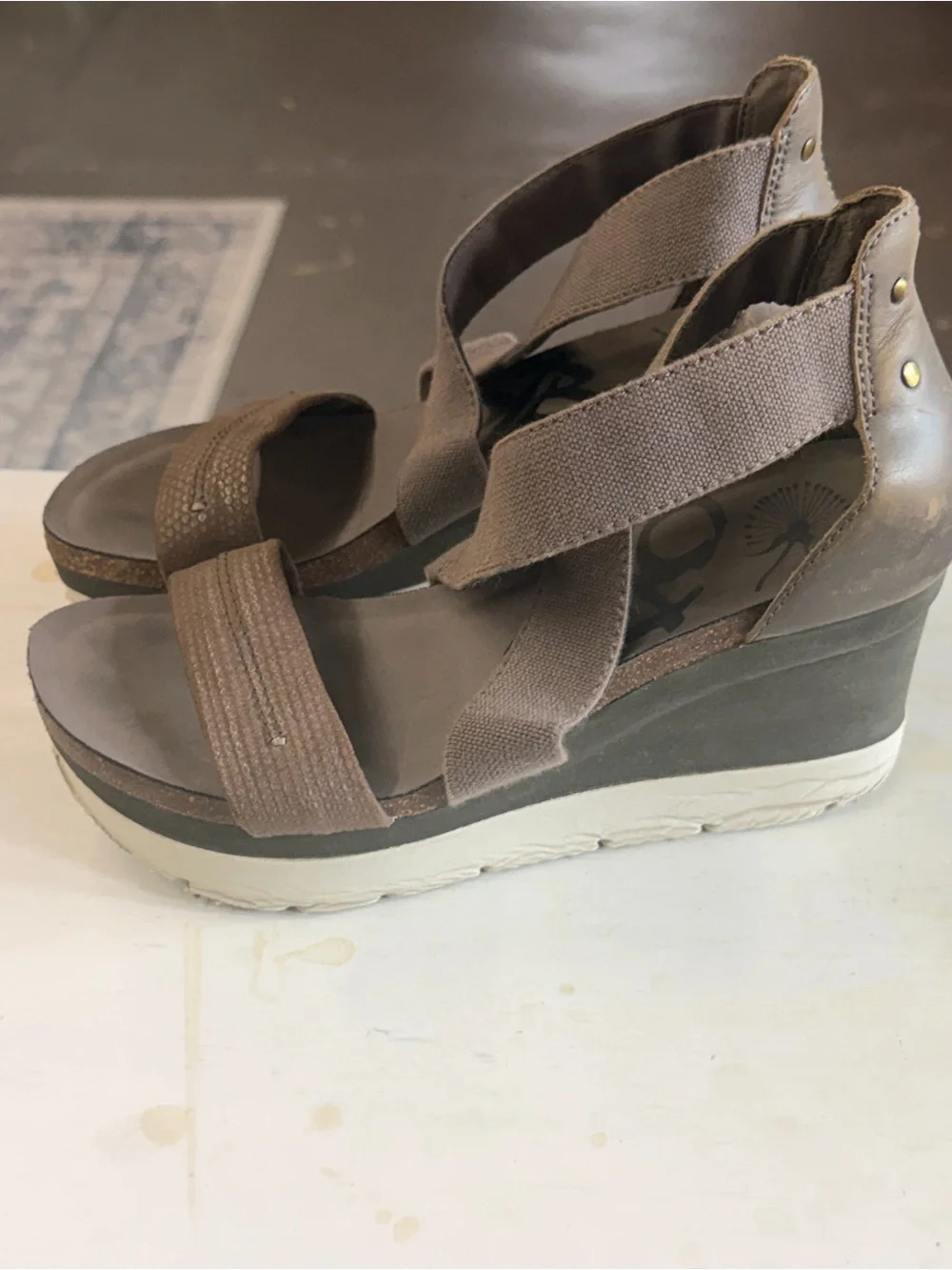 OTBT Taupe and Brown Strap Wedge Sandals